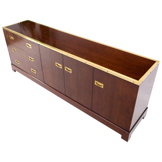 Campaign Style Brass Walnut Mid Century Drawers Doors Compartment Long Credenza