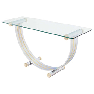 U Shape Brass and Chrome Glass Console Table