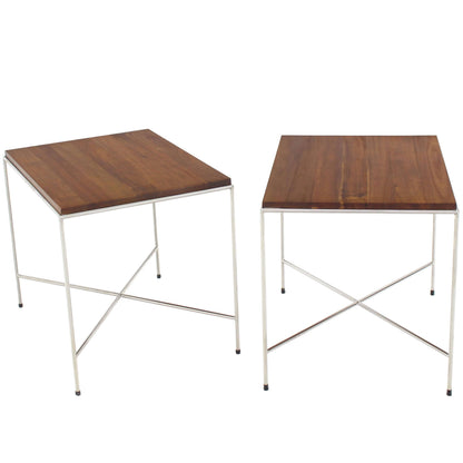 Pair of X-Base Chrome Side or End Tables with Solid Oiled Tops