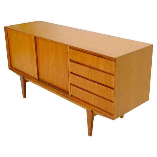 Danish Mid-Century Modern Teak Low 4 Drawers Sliding Doors Compartment Credenza