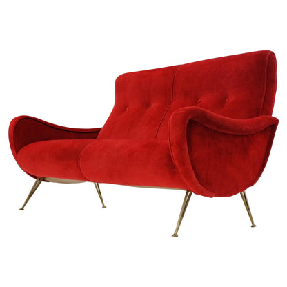 Red Upholstery Brass Legs Mid century Italian Modern Sofa Loveseat