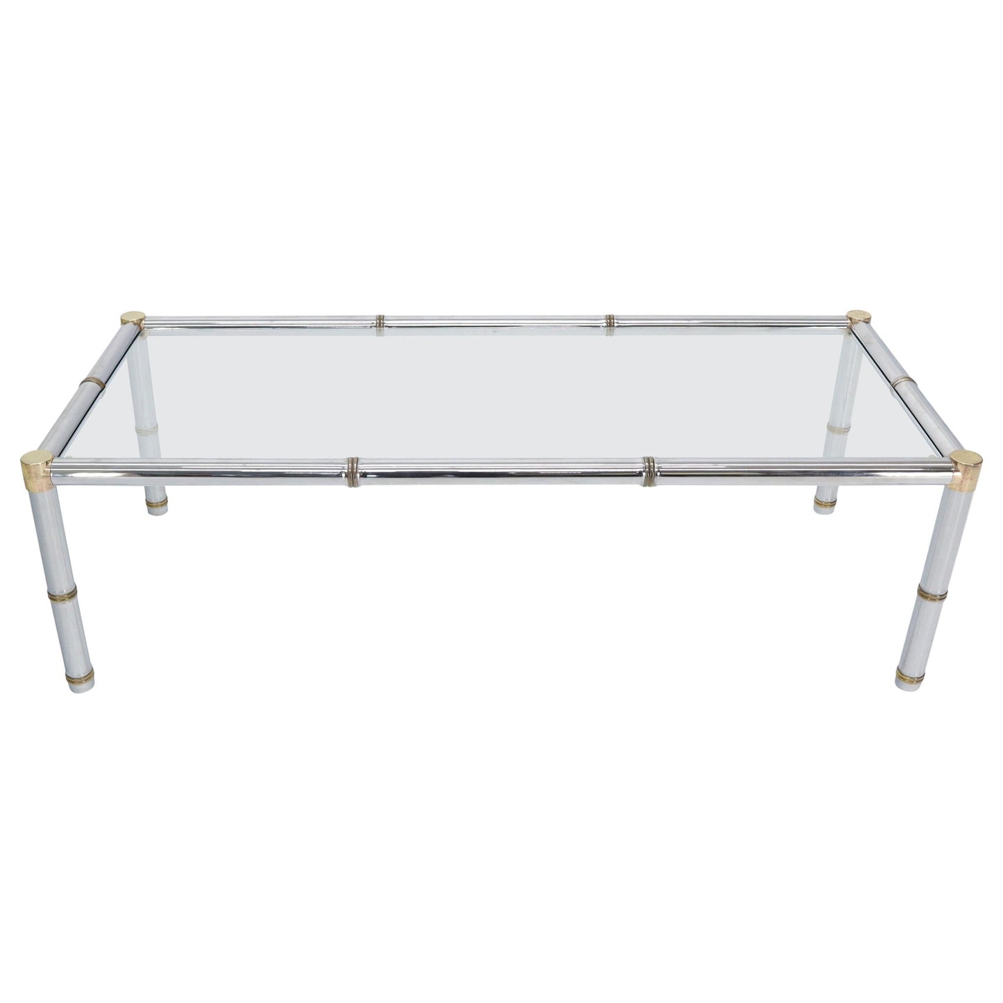 Faux Bamboo Rectangular Brass and Chrome Glass Top Coffee Table
