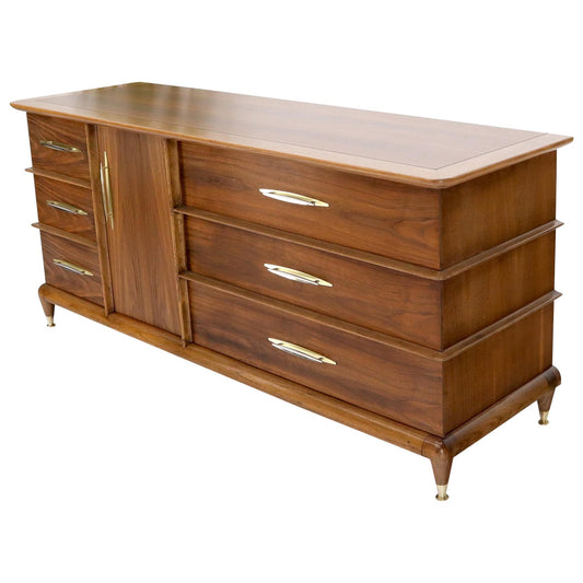 Sculptural Walnut Mid-Century Modern Long Dresser Credenza