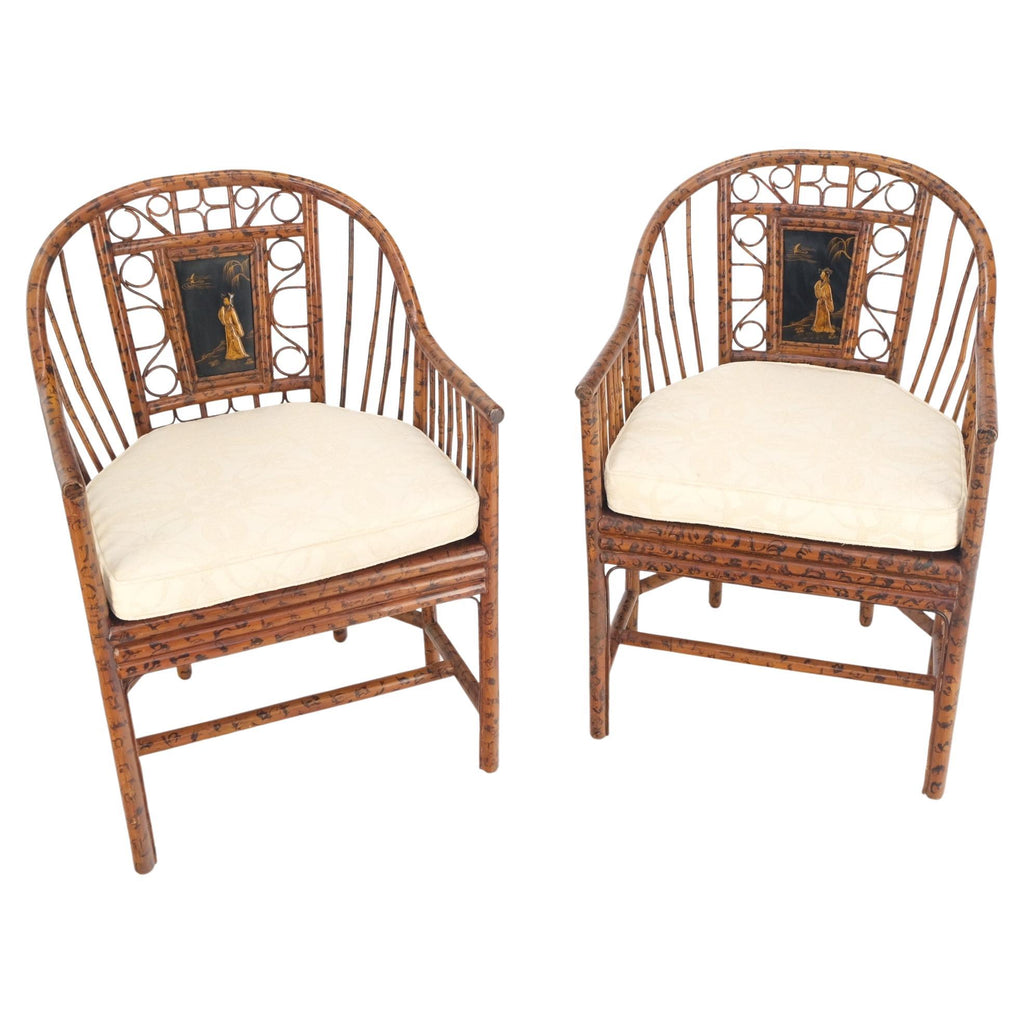 Pair Burnt Bamboo Asian Motive Plaque Decorated Lounge Fireside Chairs Cane Seat