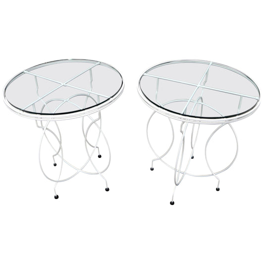 Pair of Midcentury Ice Cream Style Round Folding Cafe Tables Glass Tops