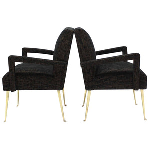 Pair of Italian Mid Century Modern Armchairs on Solid Brass Legs