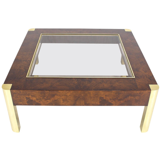 Burl Wood Brass Glass Top Square Coffee Table