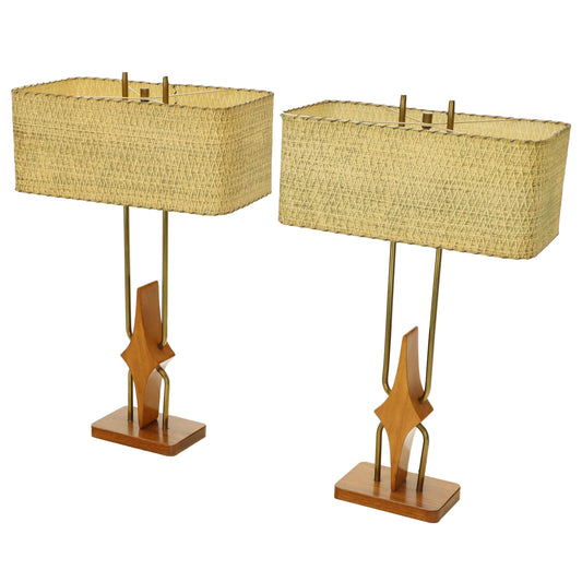 Pair of Walnut and Brass Diamond Pattern Table Lamps