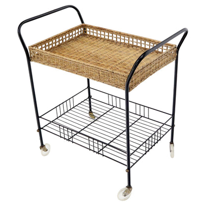 Wicker & Bent Steel Mid-Century Modern Serving Cart Side Table on Wheels