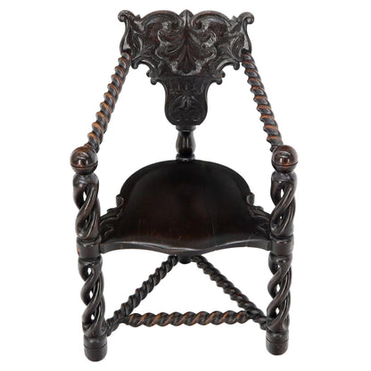 Pierce Carved Wood Oak Tri Legged Arm Chair