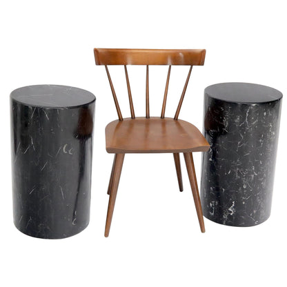 Pair of Black Marble Stone Veneer Sheeted Tiled Round Cylinder Pedestals