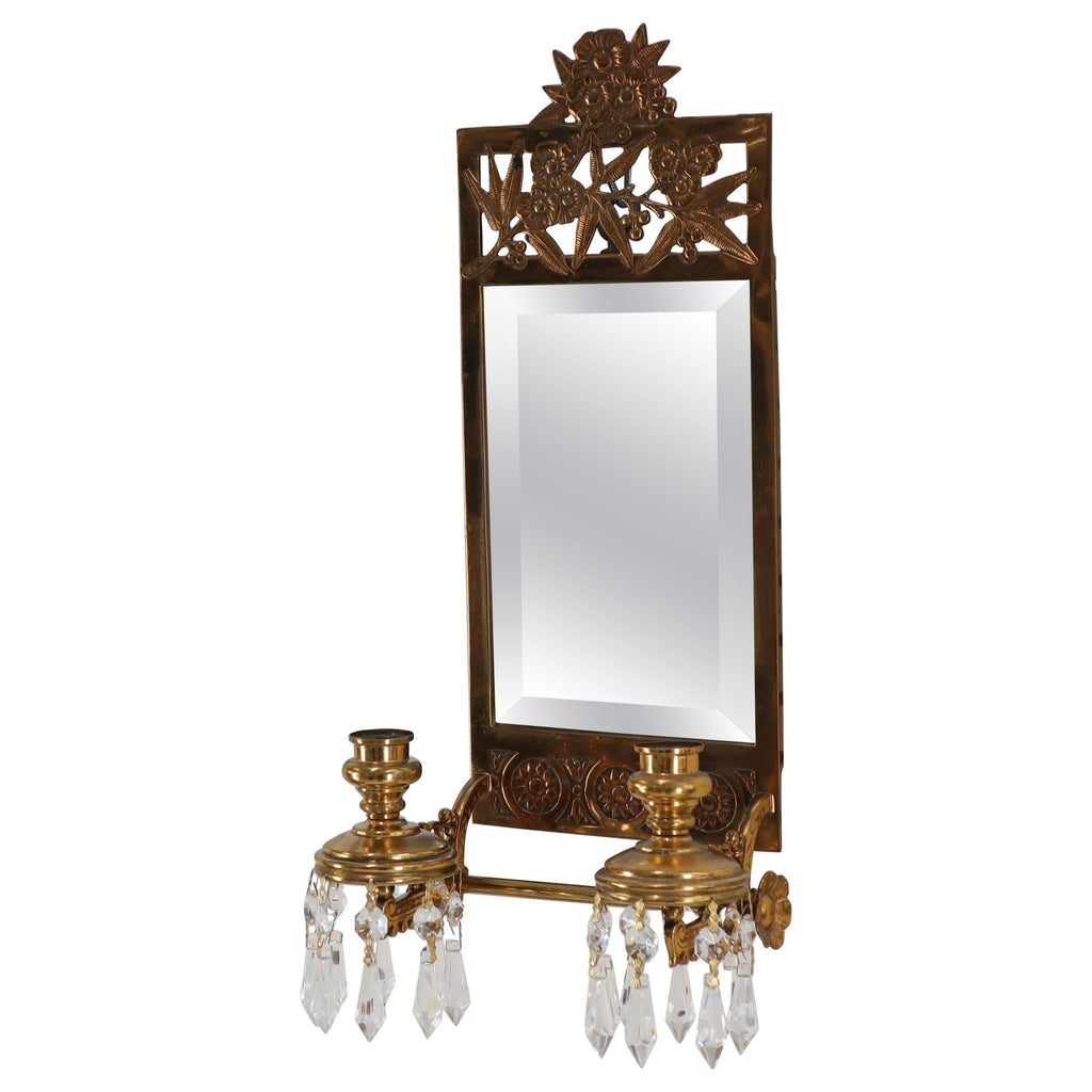 Antique Brass 2 Candle Mirror Wall Sconce 16 Crystal Prisms, 1875