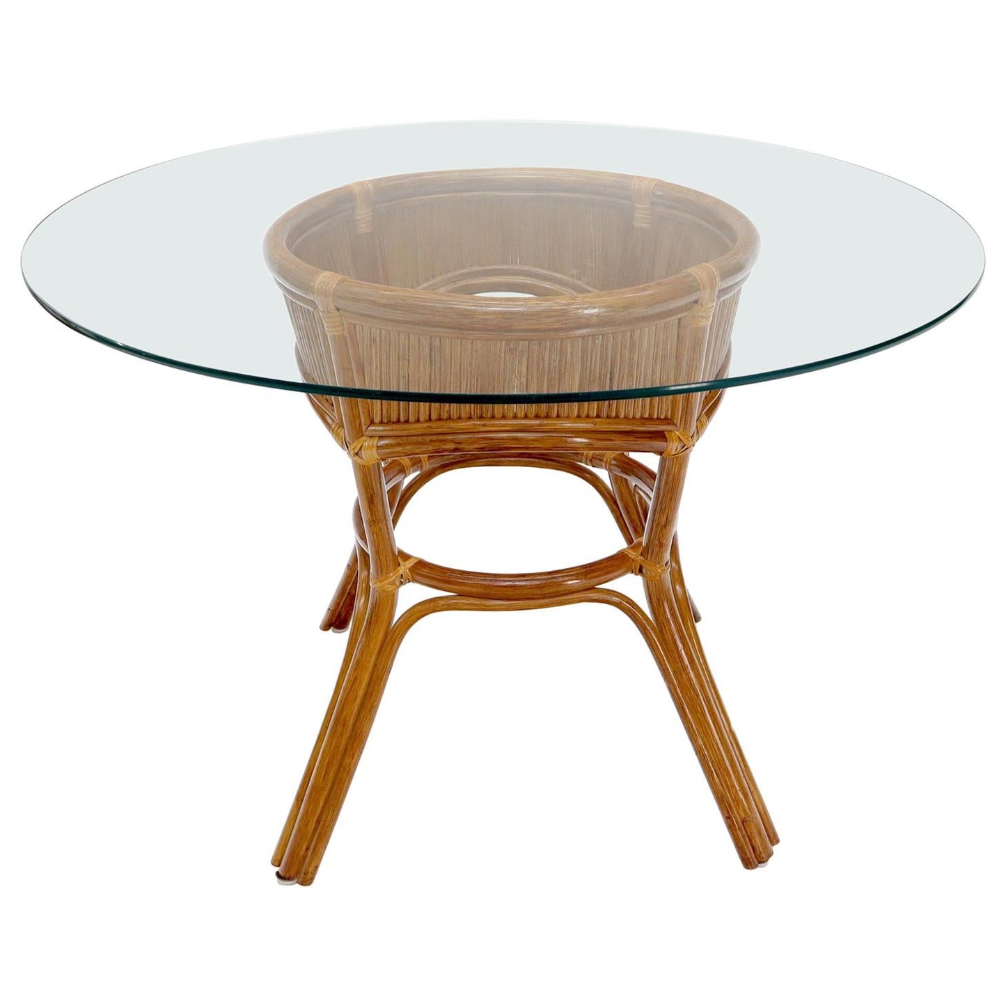 Bamboo Rattan Base Round Glass Top Dining Dinette Table