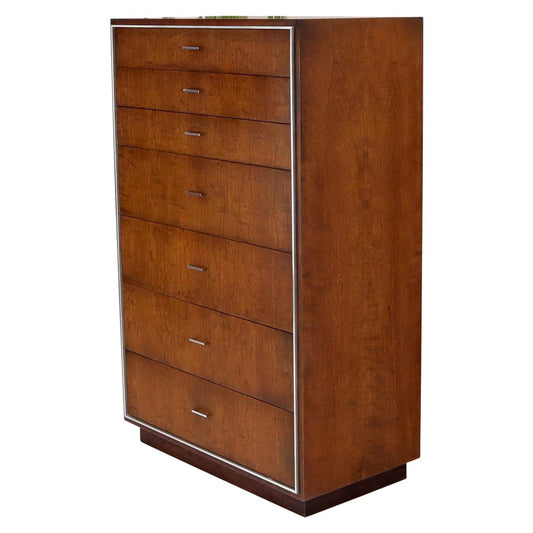 Seven Drawers Burl Wood Chrome Metal Bezel High Chest Dresser by John Stuart