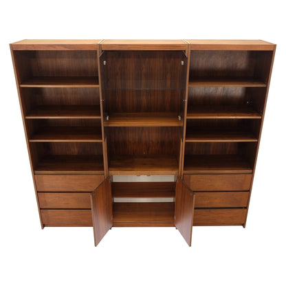 3 Bay Mid-Mentury Modern Walnut Glass Doors Bookcase Wall Unit Curio Cabinet