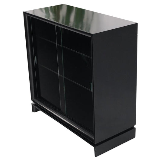 Black Lacquer Double Glass Sliding Doors Bracket Feet Petit Bookcase Shelves