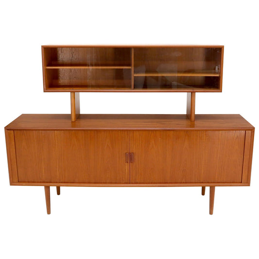 Danish Teak Tambour Doors Long Credenza Dresser Server with Glass Doors Hutch