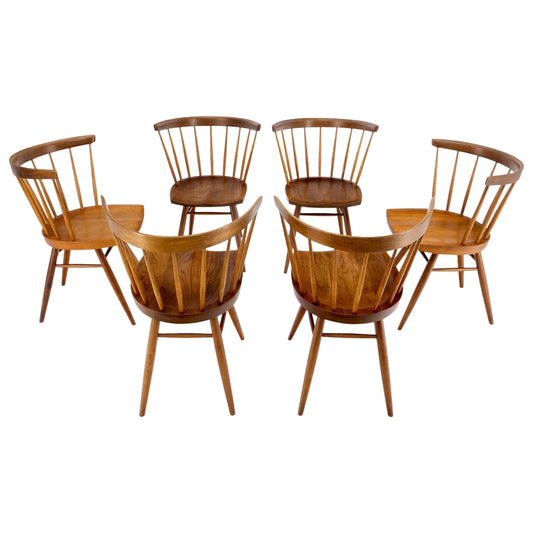 Set of 6 Oiled Walnut Spindle Back Dining Chairs by George Nakashima