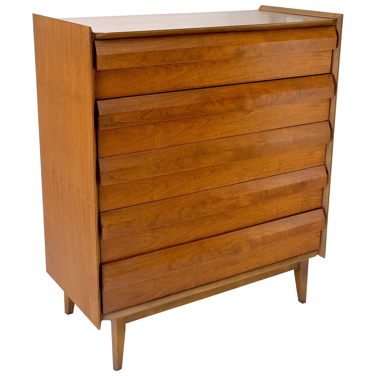 Walnut Mid-Century Modern Sculptural 5 Drawer High Chest Dresser Mint!