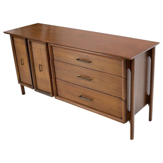 Decorative Caned Door Front Exposed Legs Walnut Credenza Dreser