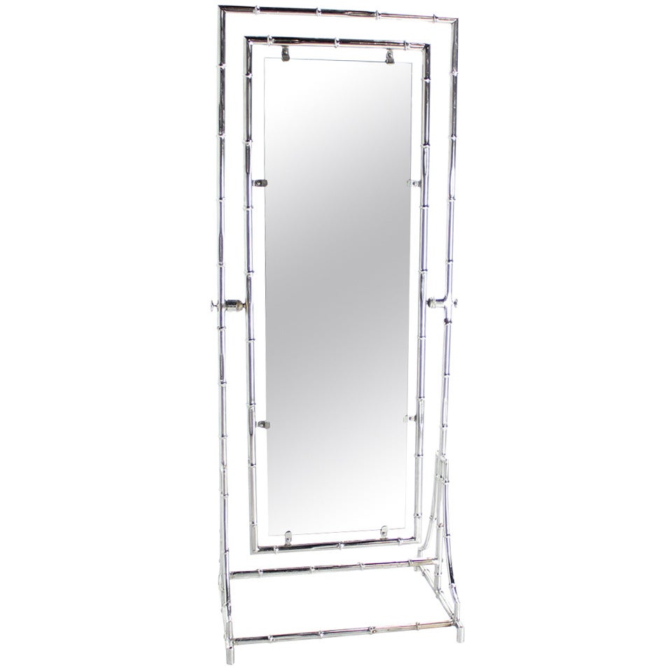 Mid Century Modern Chrome Faux Bamboo Metal Cheval Floor Mirror Double Side