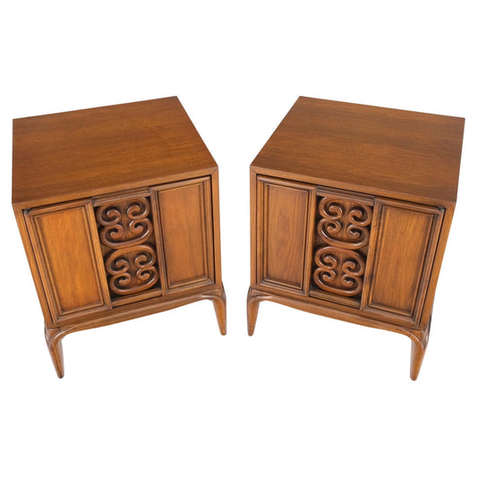Pair of Walnut Carved Modern Ornament Front Door End Table Night Stands Mint