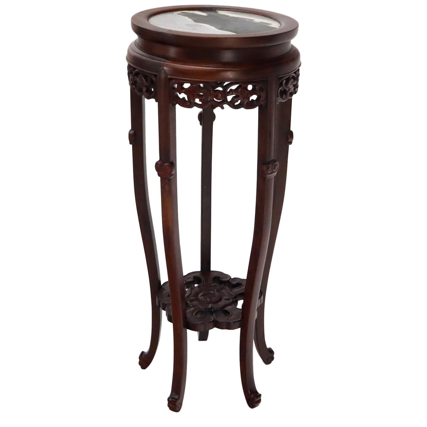 Chinese Carved Dark Rosewood Marble Top Round Stand