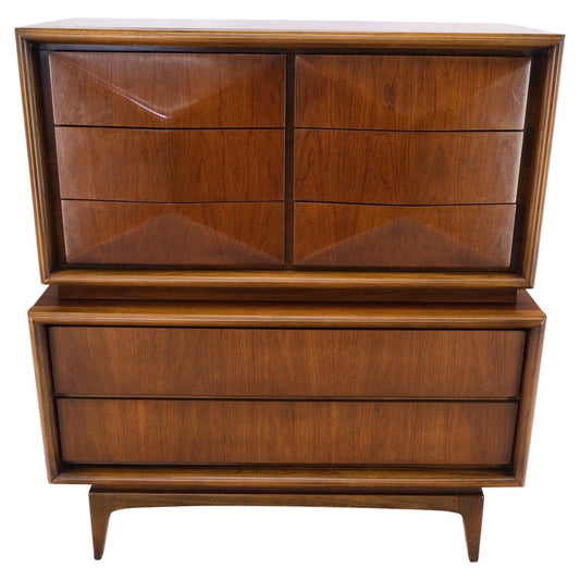 Mid-Century Modern Diamond Front Walnut 8 Drawers High Chest Dresser Cabinet