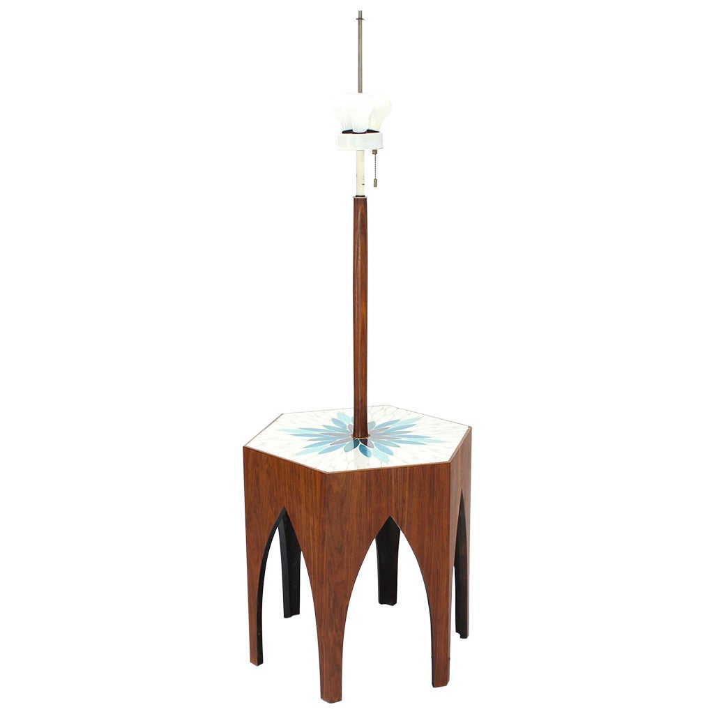 Tile and Oiled Walnut Floor Lamp Side Table atr. to Harvey Probber