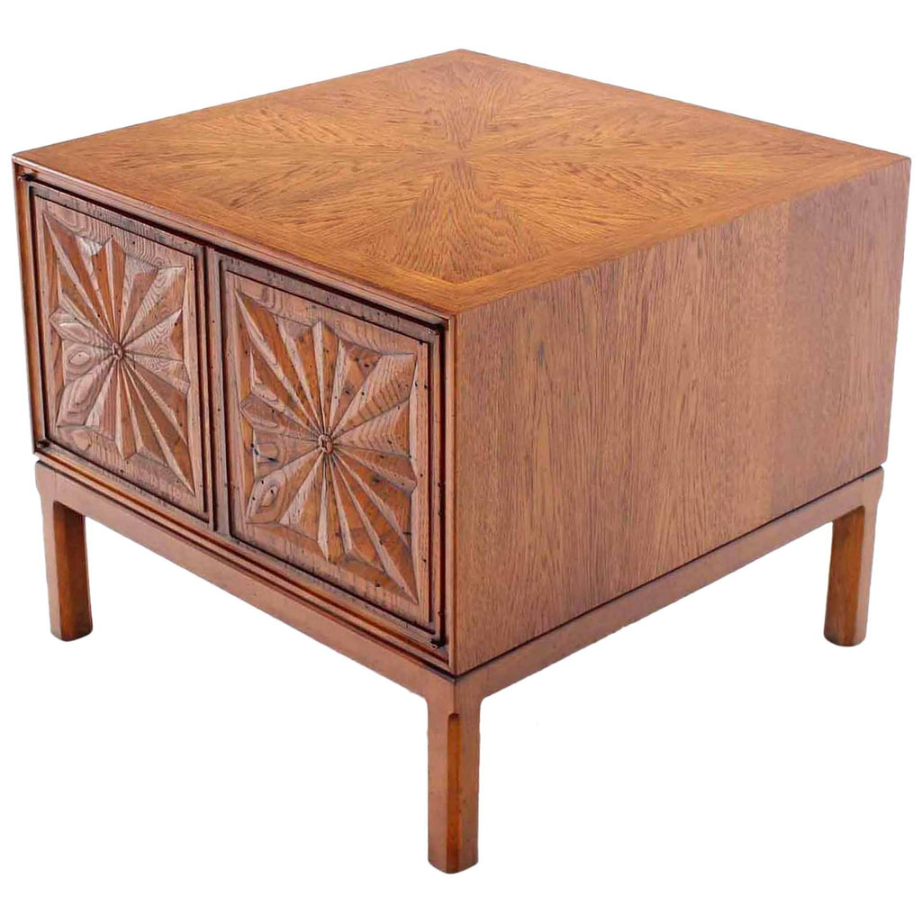 Square Cube Shape Carved Sunburst Front Stand End Table Cabinet Double Doors