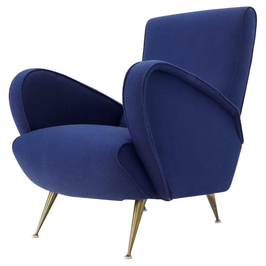 New Navy Blue Upholstery Italian Mid-Century Modern Lounge Chair on Brass Legs