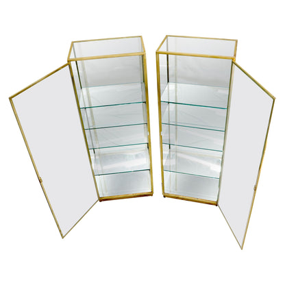 Pair of Solid Brass Studio Made Cube Shape Showcases Cabinets Shelves