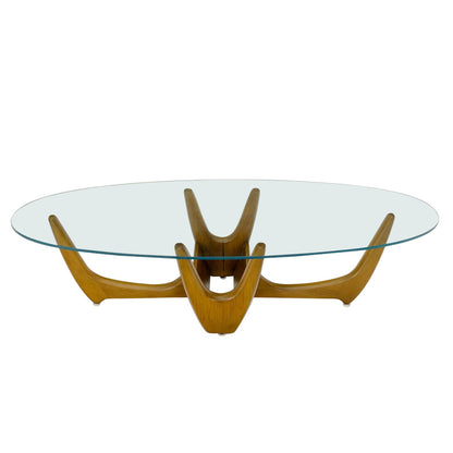 Large Oval Glass Top Solid Carved Wood Coffee Table