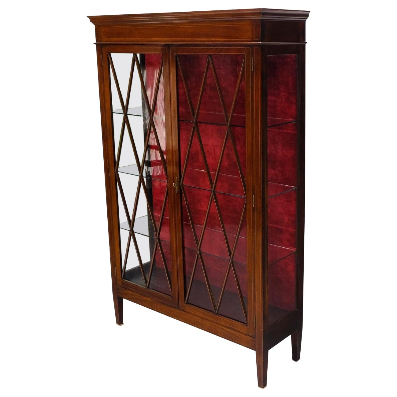 Individual Glass Pane Double Doors Pencil Inlay Flame Mahogany Show Case