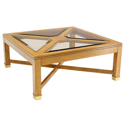 EstablishedLines Beveled Smoked Glass Bird's-Eye Maple Brass Square Legs Coffee Table MINT!