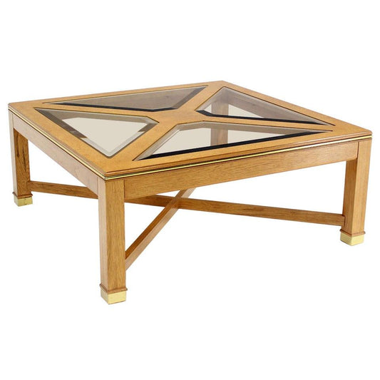 EstablishedLines Beveled Smoked Glass Bird's-Eye Maple Brass Square Legs Coffee Table MINT!