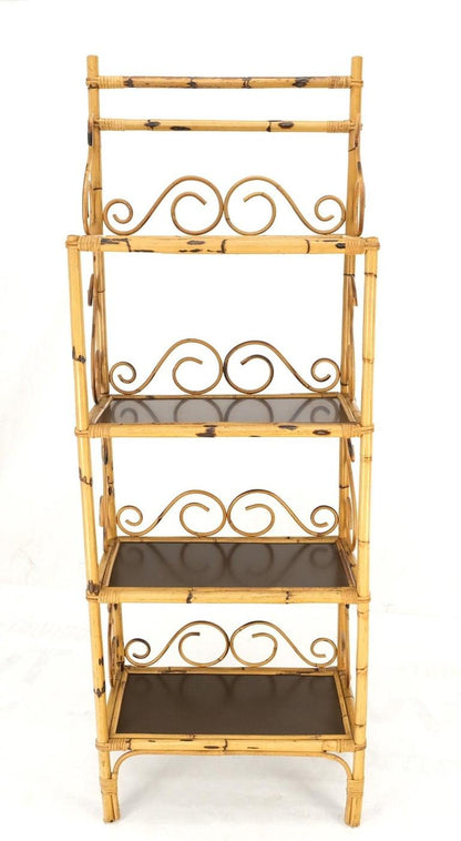 Rattan Burned Bamboo Decorative Scrolls 4 Tier Shelf Bookcase Etagere 1970s Mint