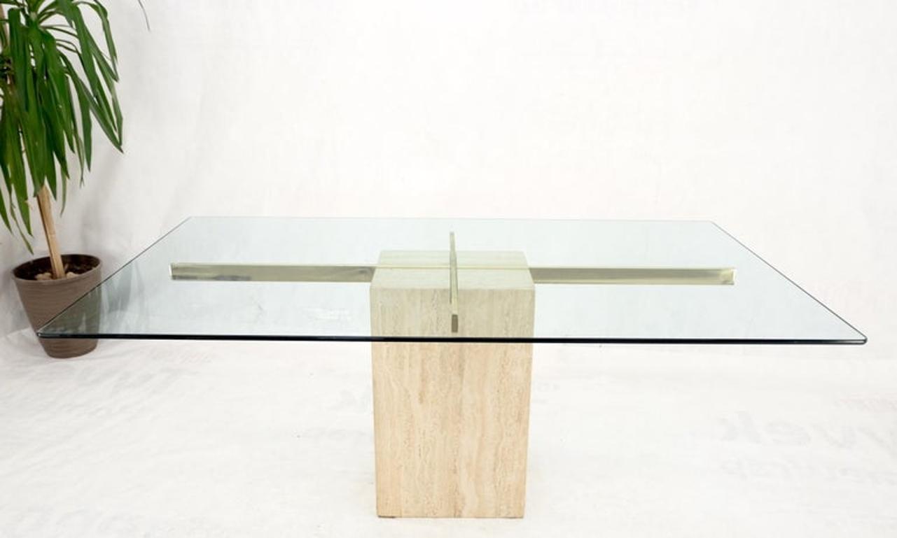 Italian Single Travertine Pedestal Glass Top Dining Conference  Table