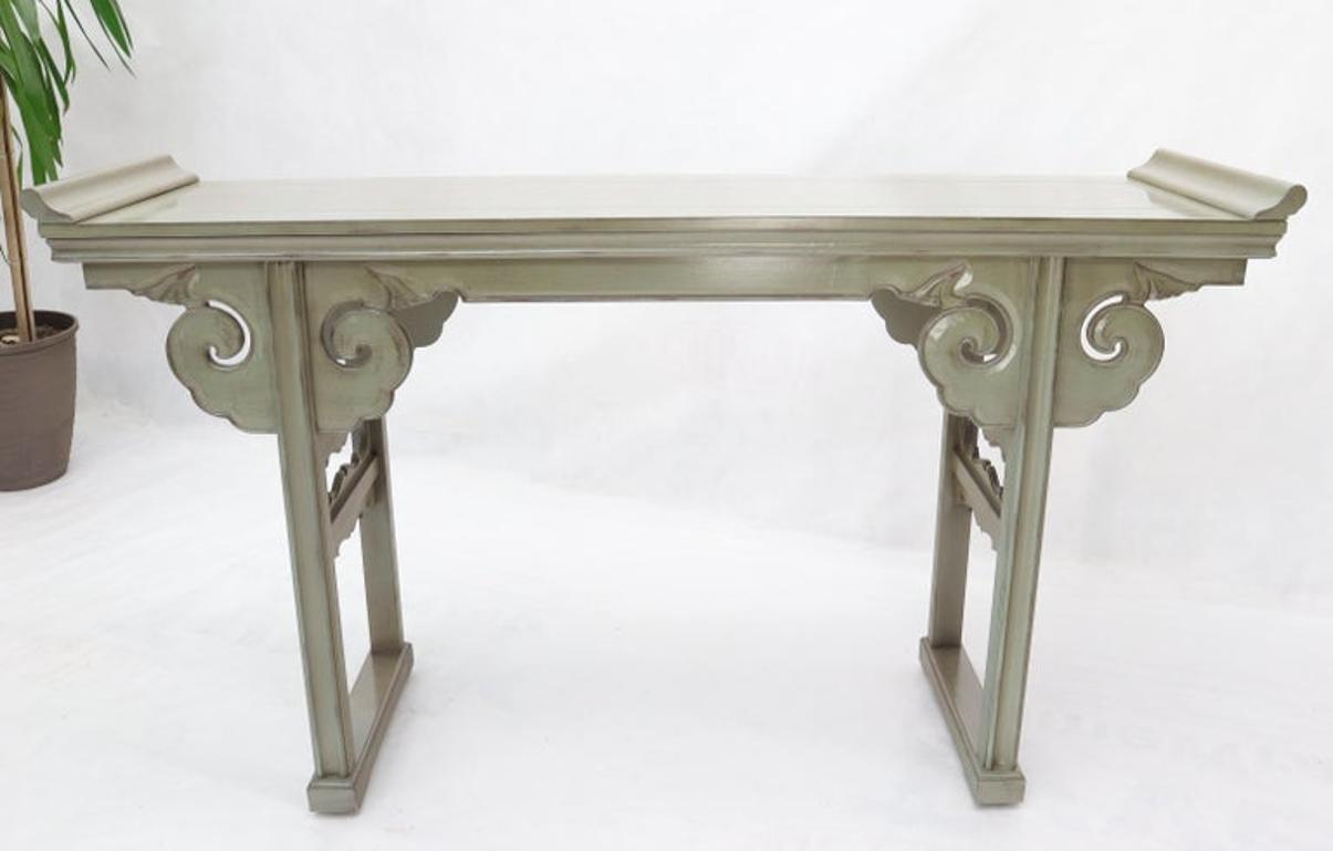 Olive Faux Paint Enamel Finish Carved Base Console Table with Rolled Edges