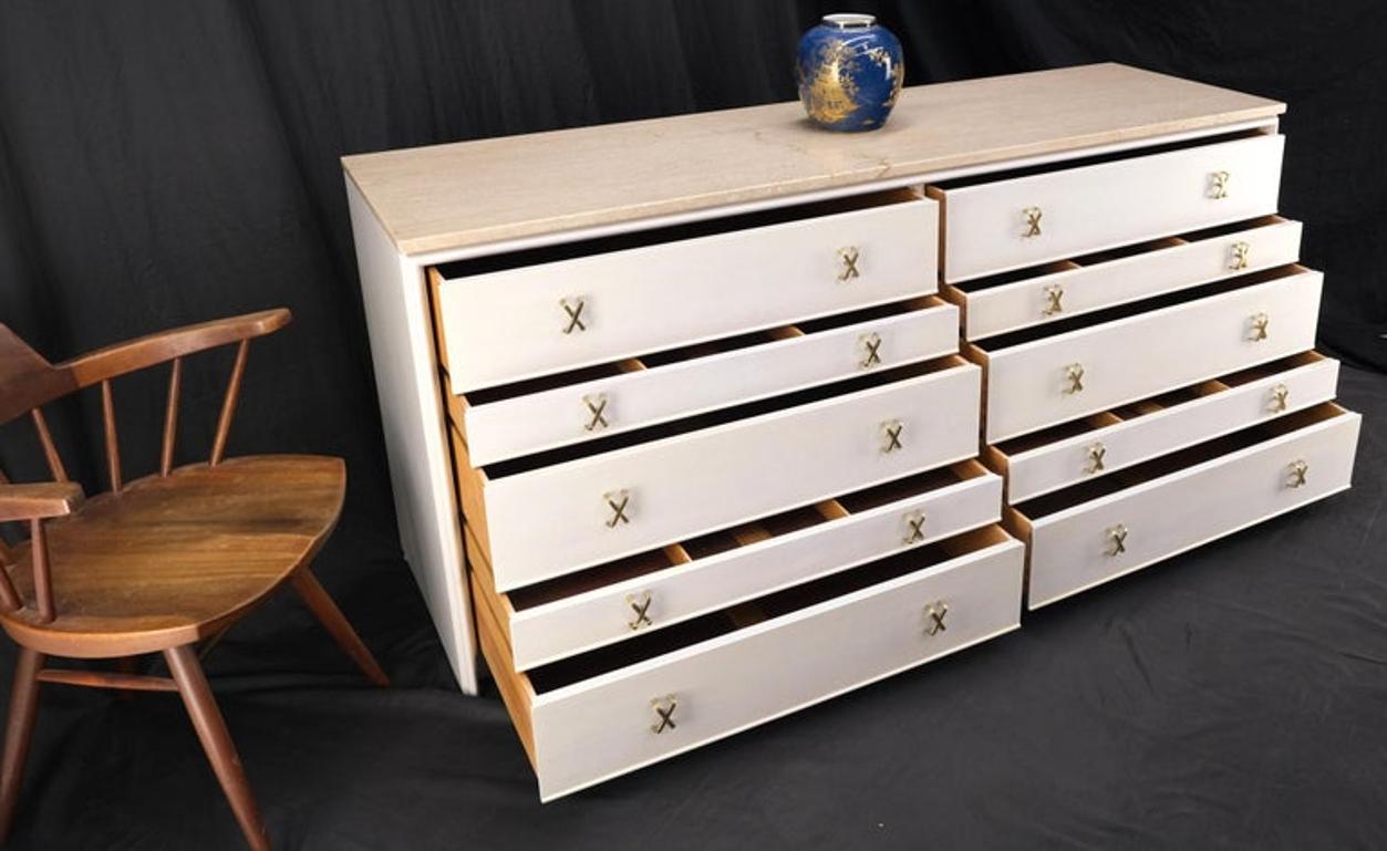 Paul Frankl for Johnson White Wash Marble Top 10 Drawers Dresser Brass x Pulls