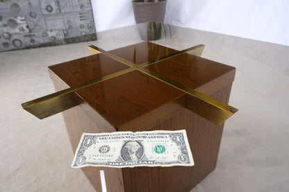 Teak Cube & Brass X Base Danish Modern Bronze Smoked Square Glass Coffee Table