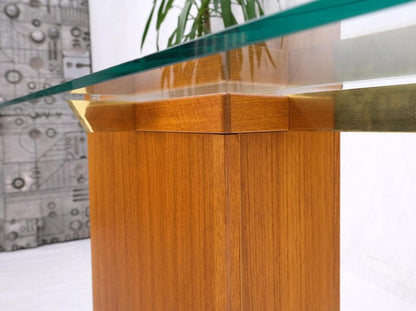 Danish Mid-Century Modern Teak Brass Glass Top Pedestal Base Console Sofa Table