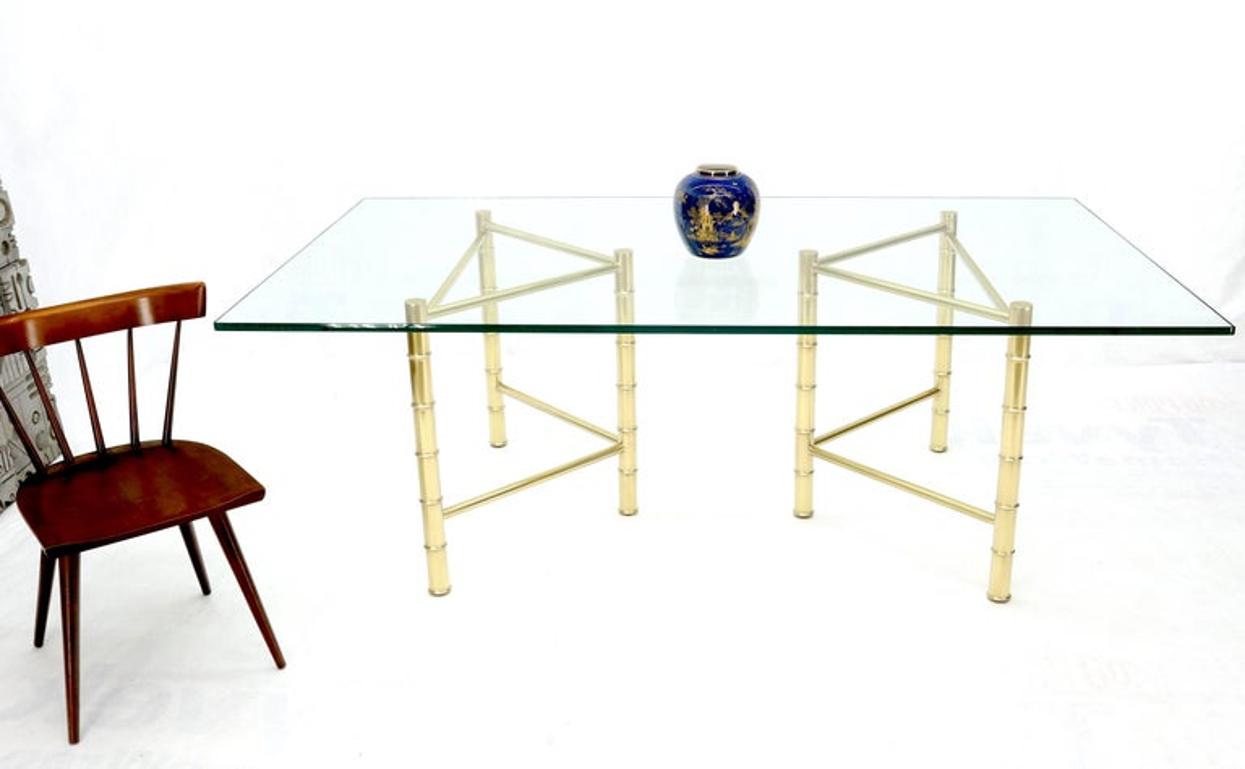Double Pedestal Faux Brass Bamboo Glass Top Dining Conference Table