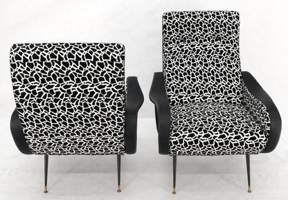 Pair Black & White Pattern Fabric Italian Mid Century Modern Lounge Chairs Mint