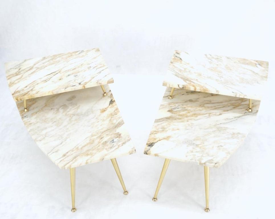 Pair of Asymmetrical Wedge Two Tier Marble Top Tapered Brass Legs Side End Table