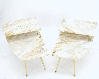 Pair of Asymmetrical Wedge Two Tier Marble Top Tapered Brass Legs Side End Table
