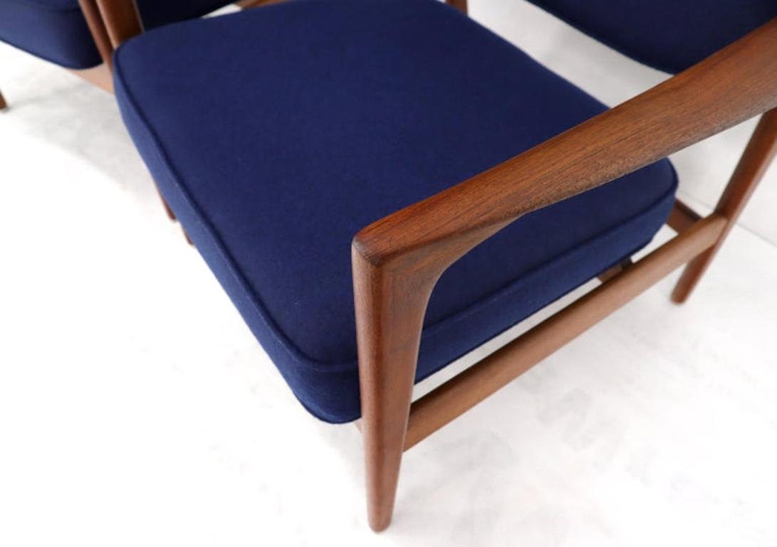 Pair of New Blue Upholstery Teak Danish Mid-Century Modern Arm Lounge Chairs