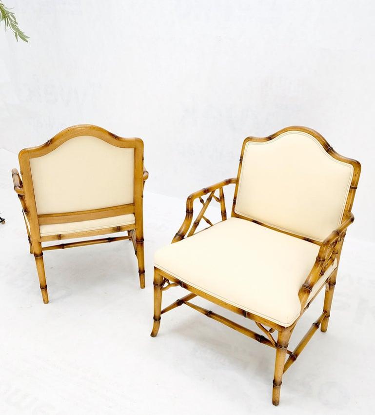 Pair Faux Bamboo New Virgin Wool Upholstery Lounge Arm Fire Side Chairs MINT!