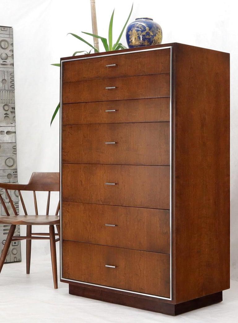 Seven Drawers Burl Wood Chrome Metal Bezel High Chest Dresser by John Stuart