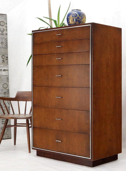 Seven Drawers Burl Wood Chrome Metal Bezel High Chest Dresser by John Stuart